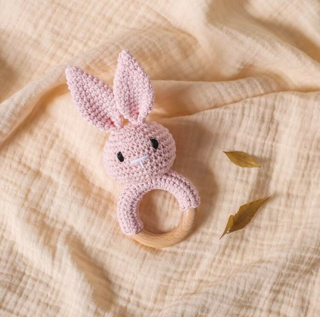 Crochet Bunny Wooden Teething Rattle