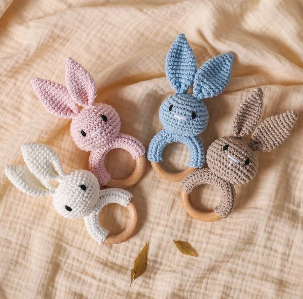 Crochet Bunny Wooden Teething Rattle